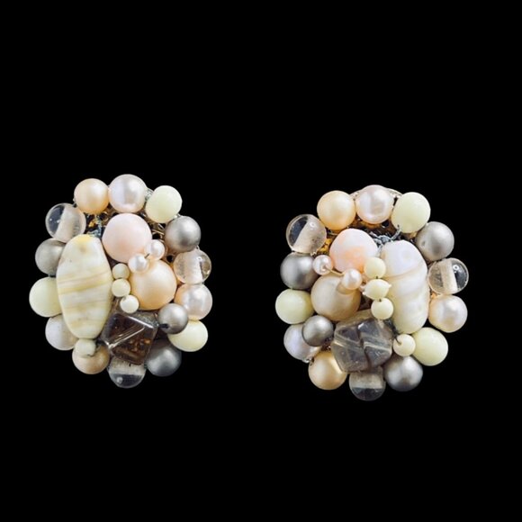 Japan Jewelry - Vintage Gold Tone Oval Beaded Clip On Earrings (5251)
